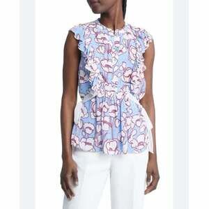 NWOT Ted Baker Audriar Floral Bow Front Blouse Size 2 Blue White Ruffle
